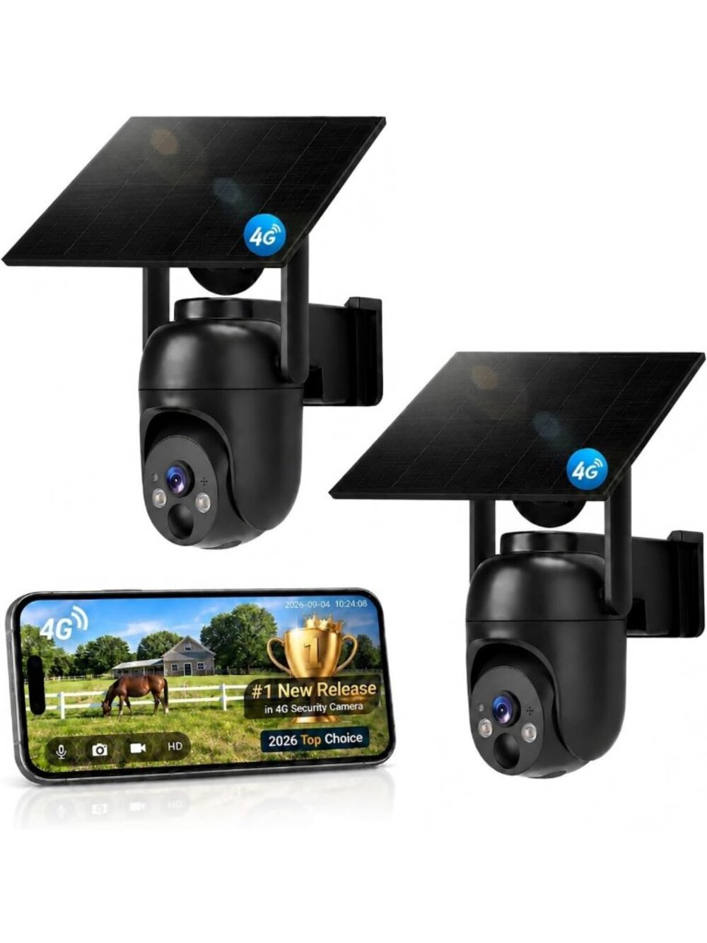 Solar Powered 4G LTE Security Camera 2 Pack with Built-in SIM Card, Wireless